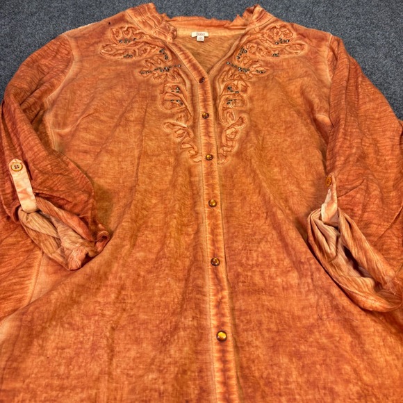 Reba Woman Top Womens 2X Orange Embroidered Studded Boho Button Up Western Shirt - Picture 3 of 9